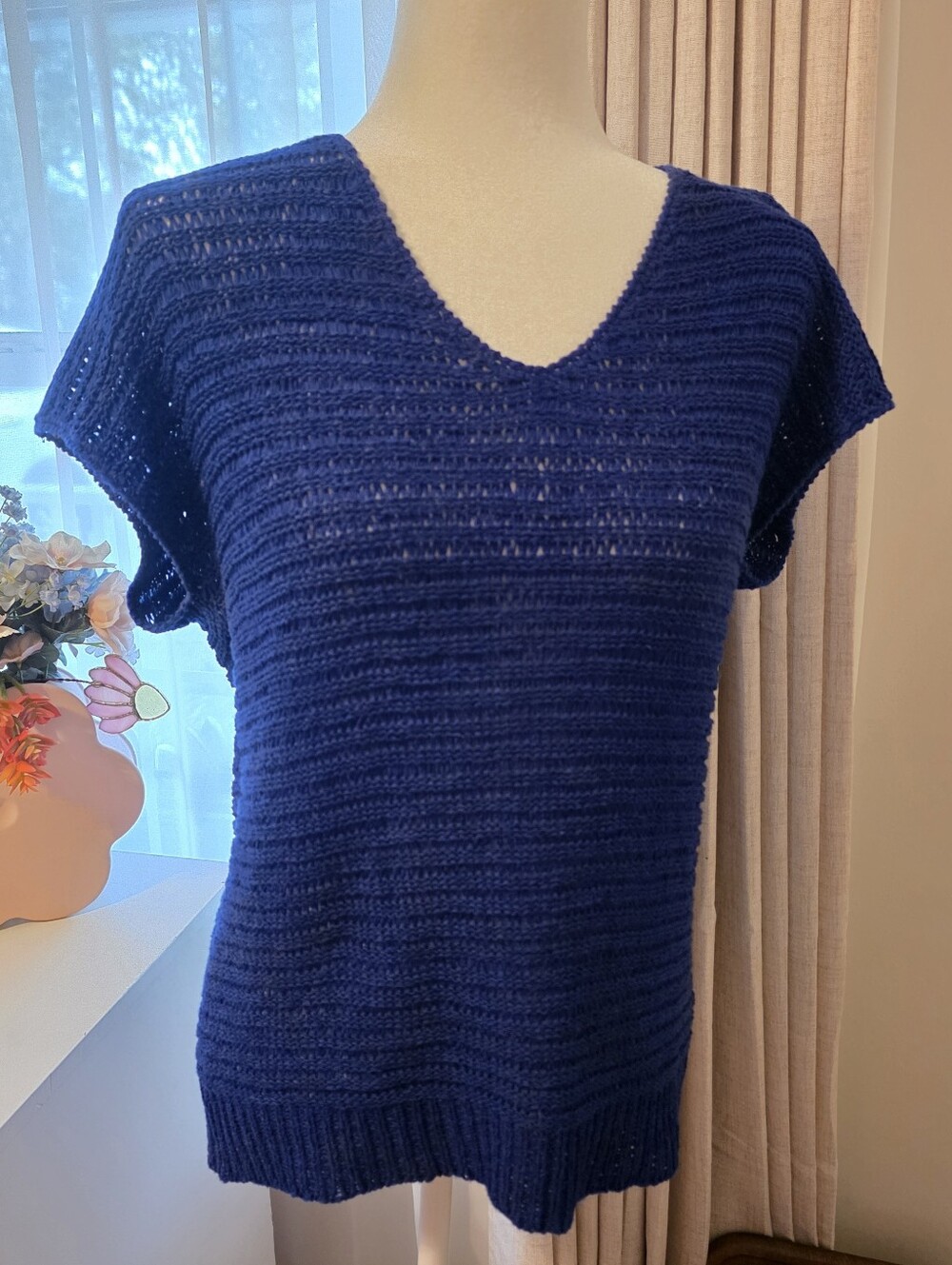 August Silk Cobalt Blue Open Knit Top Medium Short Sleeve Crochet